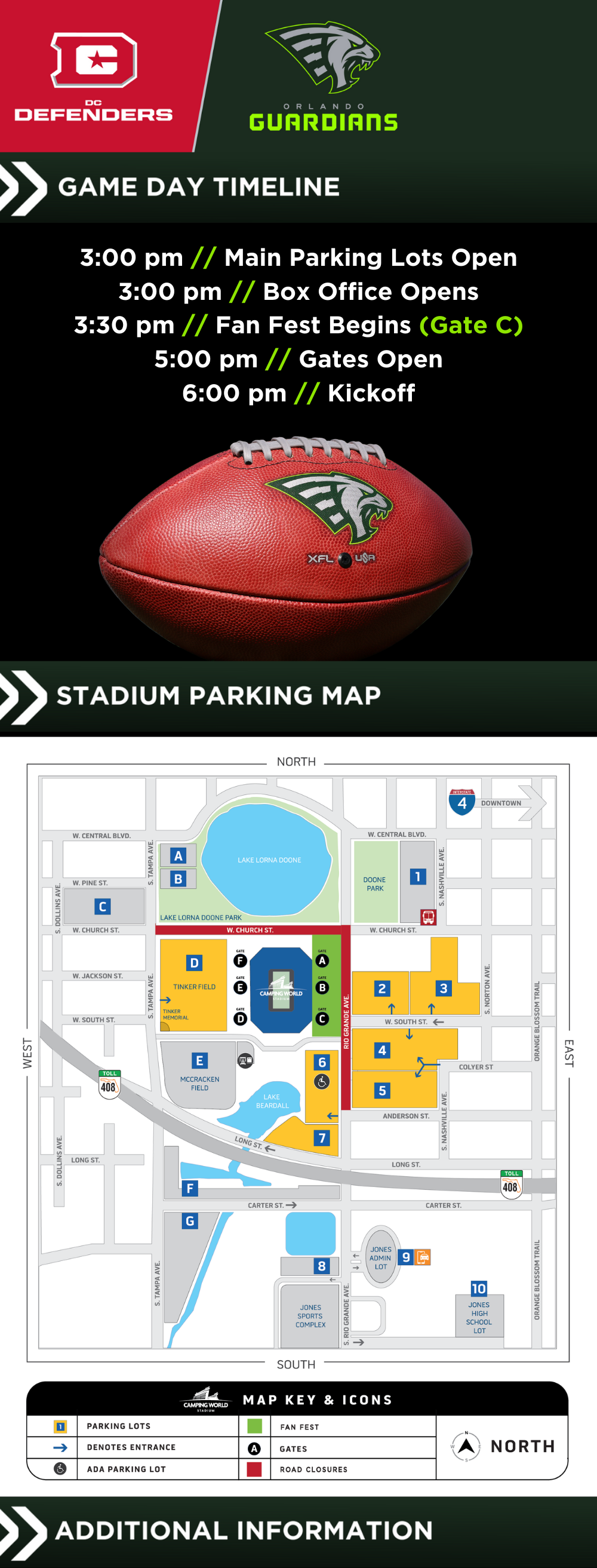 400 pm  Main Parking Lots Open 400 pm  Box Office Opens 430 pm  Fan Fest Begins (Gate C) 600 pm  Gates Open 700 pm  Kickoff Visit our A–Z Guide for more information about our stadium policies. (2).png