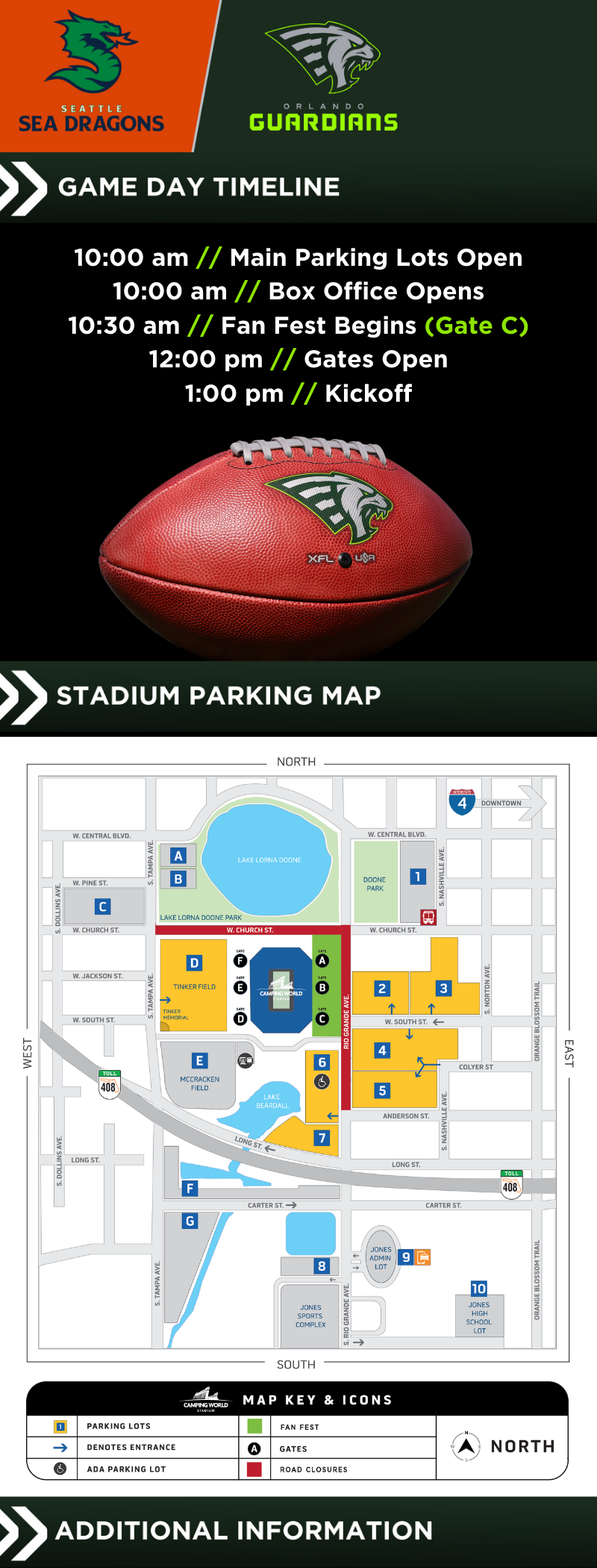 400 pm  Main Parking Lots Open 400 pm  Box Office Opens 430 pm  Fan Fest Begins (Gate C) 600 pm  Gates Open 700 pm  Kickoff Visit our A–Z Guide for more information about our stadium policies. (4).png